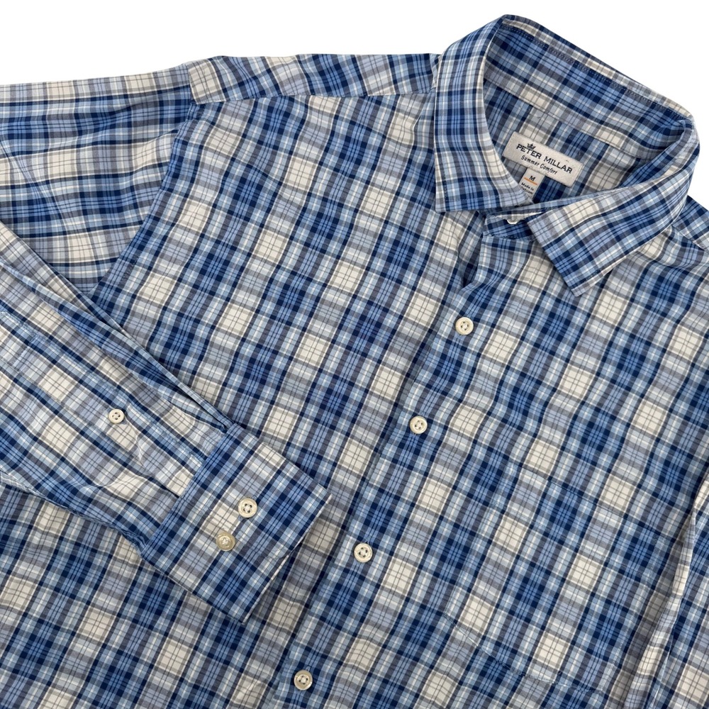 Peter Millar Summer Comfort Shirt Mens M Blue Plaid Long Sleeve Button Down Golf